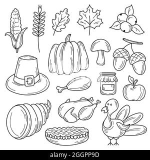 Colorful vector hand drawn doodle cartoon set of objects and symbols on the Thanksgiving autumn theme. Black and white Stock Vector