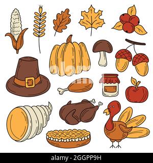 Colorful vector hand drawn doodle cartoon set of objects and symbols on the Thanksgiving autumn theme Stock Vector