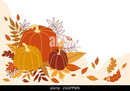 Orange pumpkin vector illustration. Autumn Halloween pumpkin, vegetable graphic icon or stamp. Colored frame with pumpkins and leaves. Stock Vector