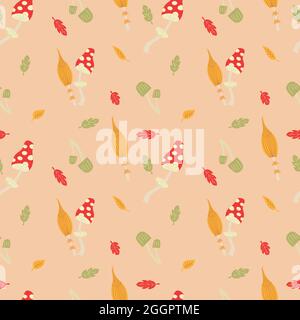 Autumn mushrooms with colorful leaves. Seamless illustration with amanita and toadstools. Fabric, background or wallpaper. Stock Vector