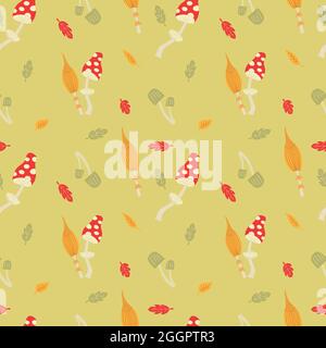 Autumn mushrooms with colorful leaves. Seamless illustration with amanita and toadstools. Fabric, background or wallpaper. Stock Vector
