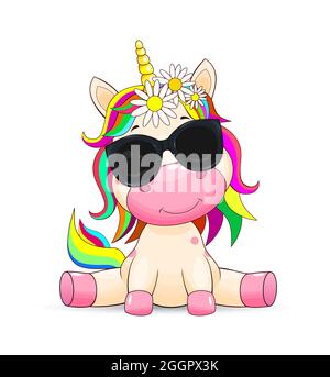 A small unicorn with a multi-colored mane and in black sunglasses on a white background. Stock Vector
