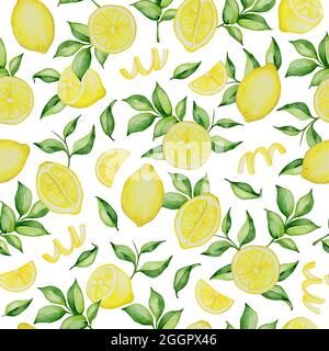 Hand drawn watercolor seamless pattern with lemons and green leaves on a white background Stock Photo