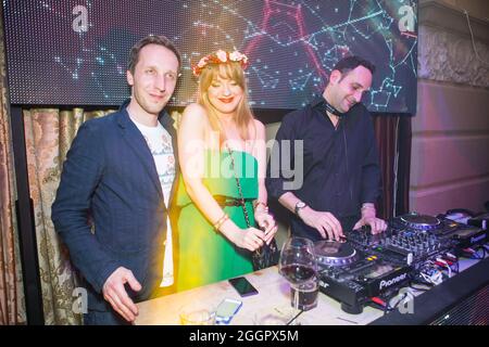 Odessa, Ukraine April 26, 2014: Dj Dave Ramone at work in luxury nightclub during night party. Dj make party time at elite night club. Stock Photo