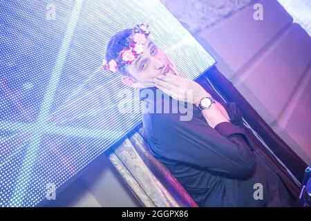 Odessa, Ukraine April 26, 2014: Dj Dave Ramone at work in luxury nightclub during night party. Dj make party time at elite night club. Stock Photo