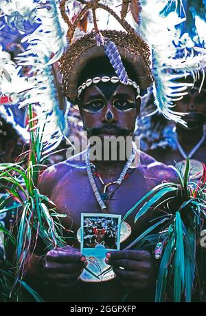 Papua New Guinea. Sepik River. Crocodile festival. Local man in traditional dress. Stock Photo