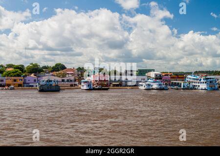 OBIDOS, BRAZIL - JUNE 28, 2015: View of boats in a port in Obidos town, Brazil Stock Photo