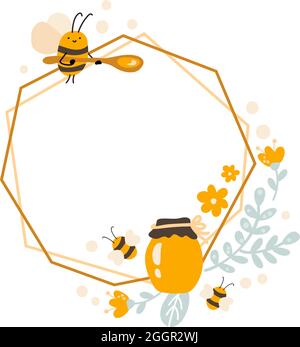 Hexagon Frame with cute honey flowers and bees. Cartoon vector ...