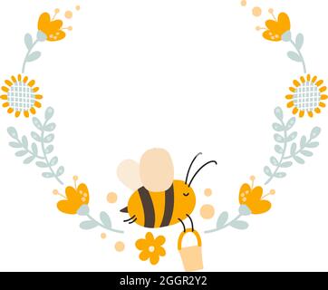 character of cute kids bee honey with flower wreath on the in flat vector scandinavian style. Baby illustation frame of bee for content, greeting card Stock Vector