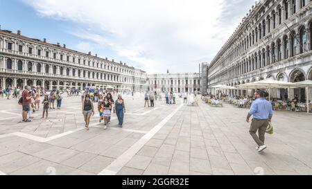 VENICE, ITALY - AUGUST 02, 2021: St Mark's Square, Italian: Piazza San Marco, the main square of Venice. Stock Photo