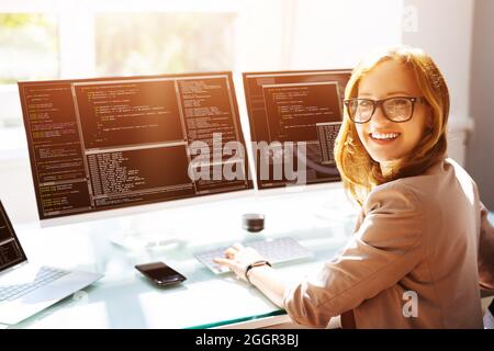 Female Programmer Working On Multiple Computer Screens Stock Photo - Alamy