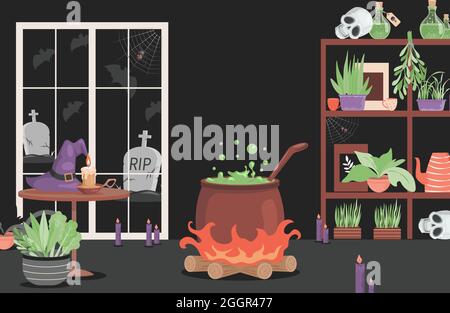 Interior of the house of evil witch vector flat cartoon illustration. Preparing poison in the pot, shelves with magical items, skulls, poisons, plants. Scary interior for Halloween party card design. Stock Vector