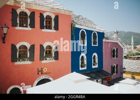 MOSTAR, BOSNIA AND HERZEGOVINA - Aug 22, 2019: A view of colorful buildings in Mostar, Bosnia Stock Photo