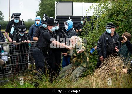 DEFRA vets aided by the police take Geronimo the alpaca away at Shepherds Close Farm near Wickwar, Gloucestershire. Stock Photo