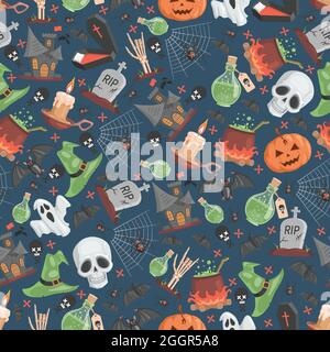 Halloween seamless pattern. Ugly and scary skulls, witch hats, poisons, spiders on web, skeletons, bats, and pumpkins on blue background. Trick or treat Halloween party vector flat cartoon backdrop. Stock Vector