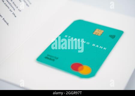 Starling Bank Debit Card in the envelope received by post. Mobile app based bank. Selective focus. Stafford, United Kingdom, September 2, 2021. Stock Photo