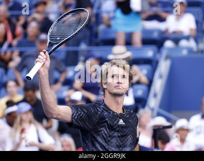 Flushing Meadow, United Stated. 02nd Sep, 2021. Alexander Zverev of Germany celebrates after defeating Albert Ramos-Vinolas of Spain in straight sets in Arthur Ashe Stadium in the second round of the 2021 US Open Tennis Championships at the USTA Billie Jean King National Tennis Center on Thursday, September 2, 2021 in New York City. Photo by John Angelillo/UPI Credit: UPI/Alamy Live News Stock Photo