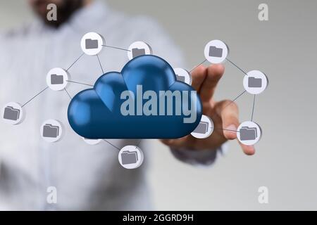 Hand touching floating 3D icons of cloud computing Stock Photo