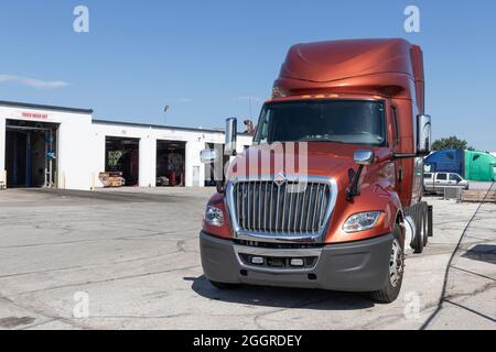 Indianapolis - Circa September 2021: Navistar International Semi Tractor Trailer Truck up for Sale. Stock Photo