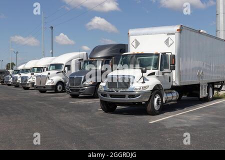 Indianapolis - Circa September 2021: Freightliner and Navistar International Semi Tractor Trailer Trucks lined up for Sale. Stock Photo