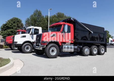 Indianapolis - Circa September 2021: Volvo VHD Vocational Trucks and Off-Highway Semi Trucks lined up for sale. Volvo is one of the largest truck manu Stock Photo