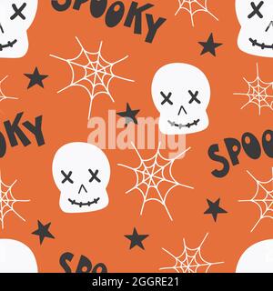 Halloween seamless pattern for design Halloween symbols skull, spider web, spooky-lettering. Digital paper Stock Vector