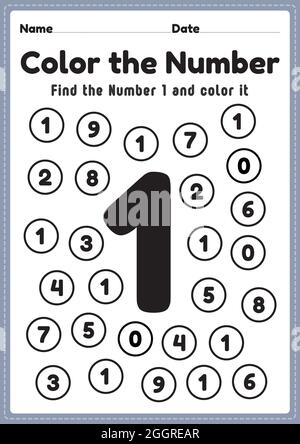 Coloring numbers, number 1 worksheet math printable sheet for preschool and kindergarten kids activity to learn basic mathematics skills. Stock Vector