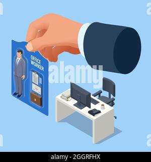 Isometric hiring and recruitment concept for web page, banner, presentation. Outsource Office workers. Job interview, recruitment agency Stock Vector