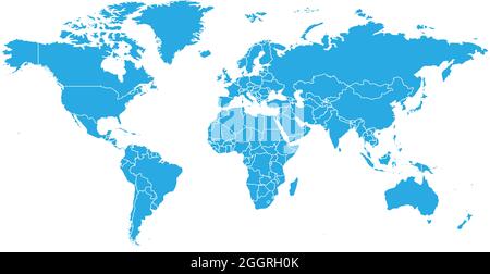World map in blue color on white background. High detail blank political map. Vector illustration with labeled compound path of each country. Stock Vector