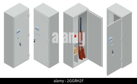 Isometric Set of Security Metal Safes Isolated on White Background. Safe and Financial Security. Metal Cash Box Money Bank Deposit Steel Tin Security Stock Vector