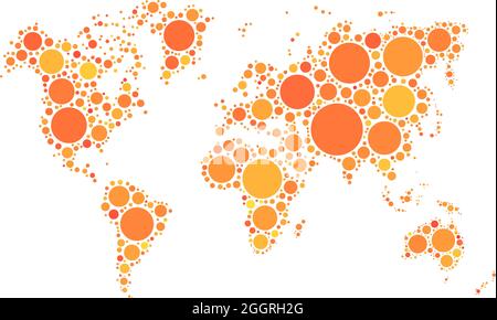 Vector world map mosaic of orange dots in various sizes and shades on white background. Vector illustration. Abstract background theme. Stock Vector