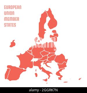 Simplified map of EU, European Union. Rounded shapes of states with smoothed border. Red simple flat blank vector map. Stock Vector