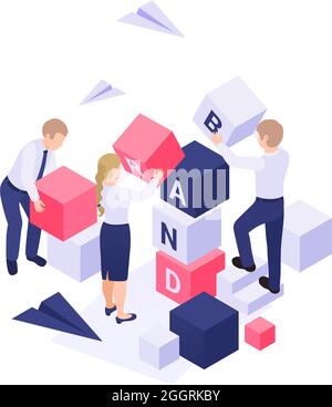 Brand building isometric concept with characters and colorful blocks 3d vector illustration Stock Vector