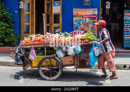 CARTAGENA DE INDIAS, COLOMBIA - AUG 28, 2015: Vendor with the vegetable cart in the center of Cartagena. Stock Photo