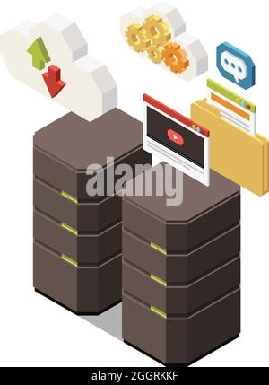 Stem education isometric concept icons composition with images of server racks with cloud and gears vector illustration Stock Vector