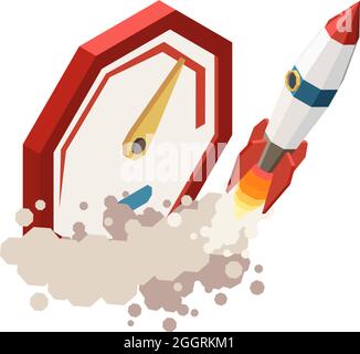 Leadership isometric concept icon with flying rocket and clock 3d vector illustration Stock Vector