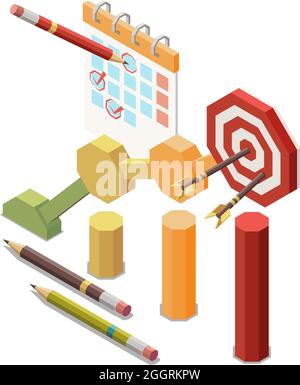 Marketing strategy planning success isometric concept icon with target colorful graph calendar 3d vector illustration Stock Vector