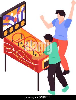 Isometric icon with happy people playing on game machine 3d vector illustration Stock Vector