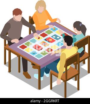 Isometric family playing board game 3d vector illustration Stock Vector