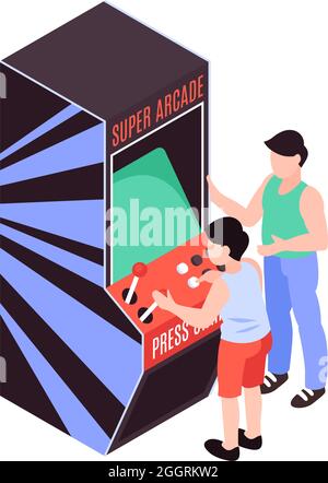 Two characters of kid and adult playing on arcade game machine 3d isometric vector illustration Stock Vector