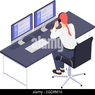 Customer service isometric composition with view of tech support agent workplace with talking woman in headphones vector illustration Stock Vector