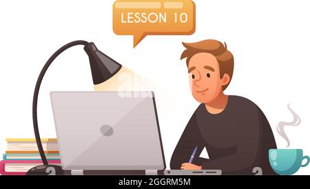 Cartoon distance education icon with boy taking online lessons using laptop vector illustration Stock Vector