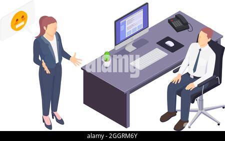 Problem situations at work isometric icon with two office workers 3d vector illustration Stock Vector