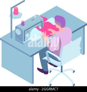 Isometric sewing workshop studio composition with worker sitting in chair at table with sewing machine vector illustration Stock Vector