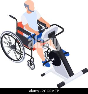 Physiotherapy rehabilitation isometric composition with man on wheelchair with training machine vector illustration Stock Vector
