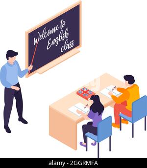 Isometric language center courses composition with character of teacher at blackboard with pupils at desk vector illustration Stock Vector