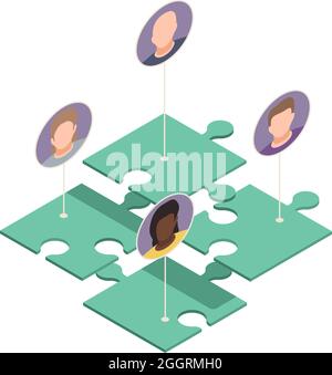 Online virtual team building isometric composition with pieces of puzzle connected to avatars of workers vector illustration Stock Vector