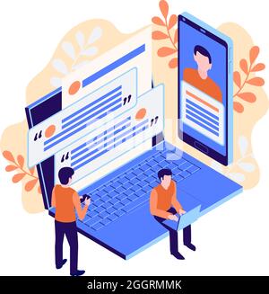 Social media icon with isometric gadgets and people chatting online 3d vector illustration Stock Vector