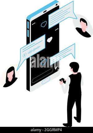 Social media concept with people communicating via text and voice messages on smartphone isometric vector illustration Stock Vector
