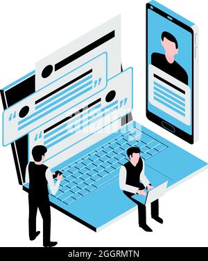 Social media icon with people chatting online using various gadgets 3d isometric vector illustration Stock Vector